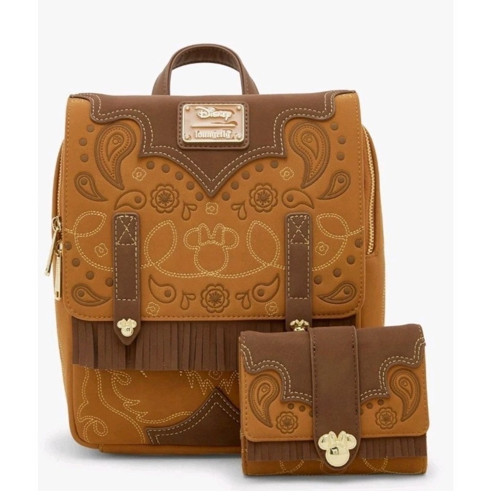 NEW Loungefly Cowgirl Western Minnie Mouse Cow Print Interior Backpack & WALLET!